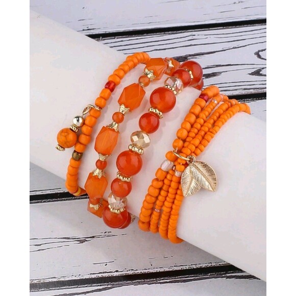Boho Style Leaf Pendant Beaded 4-pc. Bracelet Set - Picture 1 of 7